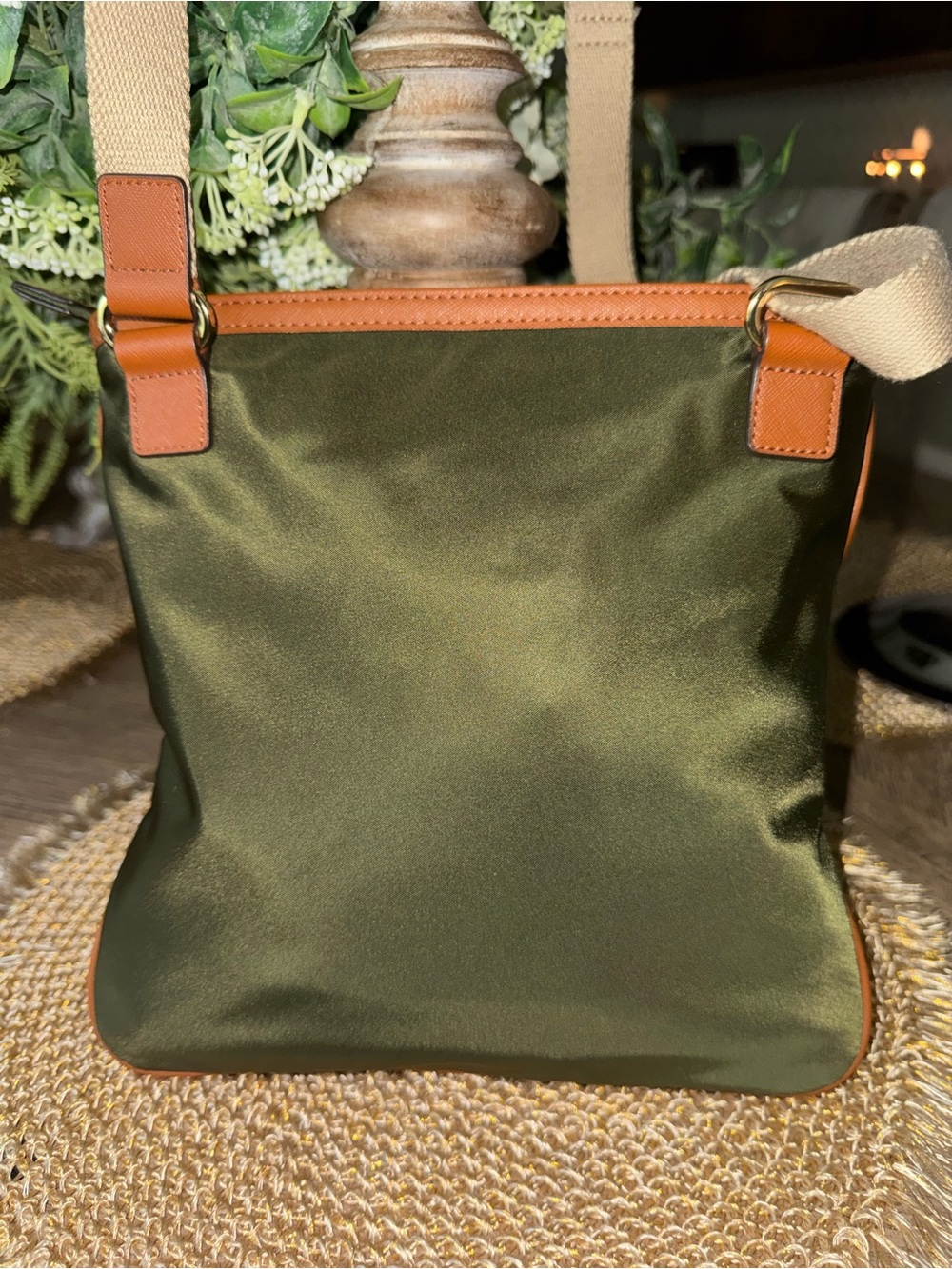 NWOT MICHAEL KORS Gorgeous Olive Green and Tan Nylon Crossbody Tote - Picture 2 of 6